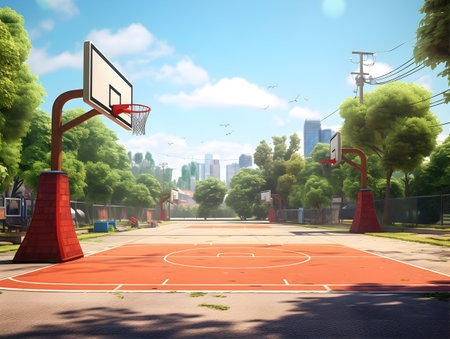 Basketball court in the city. 3D render. Illustration.の素材