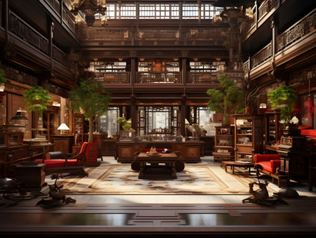 3D rendering of a Chinese tea house with wooden floors and furnitureの素材