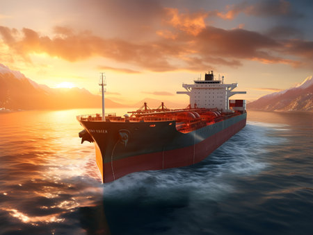 Large bulk carrier ship sailing in the sea at sunset. 3D renderingの素材