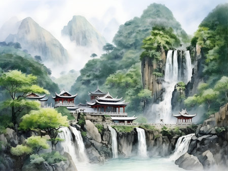 Ancient Chinese Landscape Watercolor Art Painting AI Artworkの素材
