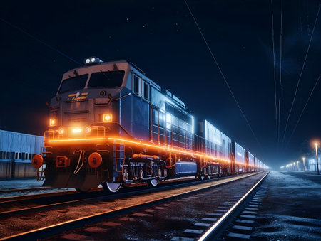 Freight train at night. Railway station at night. Freight transportationの素材