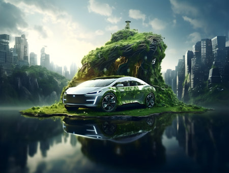 Car on the green planet. 3D render. Conceptual image.の素材