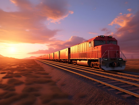 Freight train in the desert at sunset. 3D render.の素材