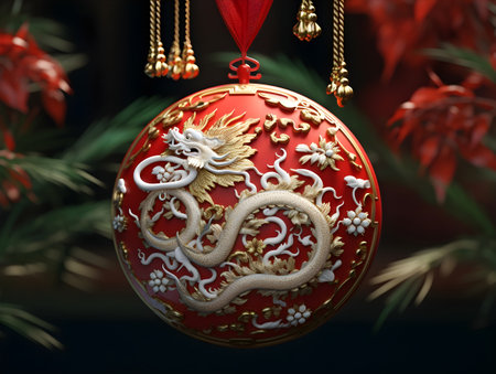 Chinese New Year decoration, red ball with dragon on dark background.の素材