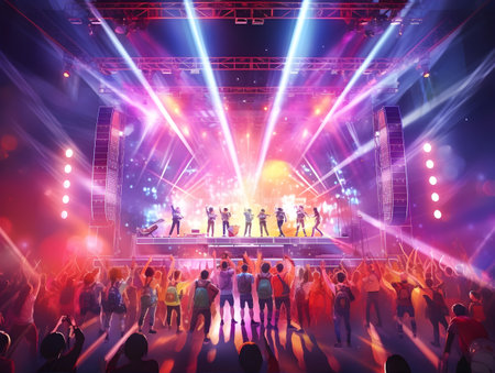 Concert crowd in front of a stage with lights and spotlightsの素材