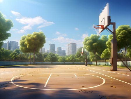 Basketball court in the park with blue sky and white clouds.の素材
