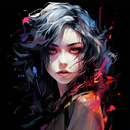 Digital Illustration of a Fantasy Female Face with Colorful Abstract Backgroundの素材
