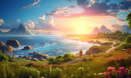 Fantasy landscape with mountains and sea at sunset. 3d renderingの素材