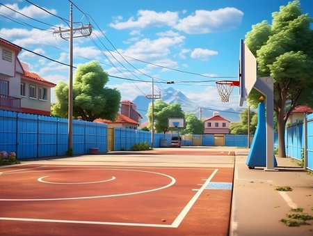 Basketball court with blue fence and blue sky. 3d renderingの素材