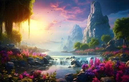 Beautiful fantasy landscape with mountain lake and flowers. Digital painting.の素材