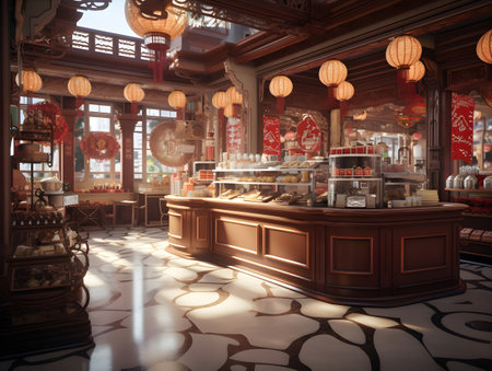 Interior of a traditional oriental cafe. 3D rendering.の素材