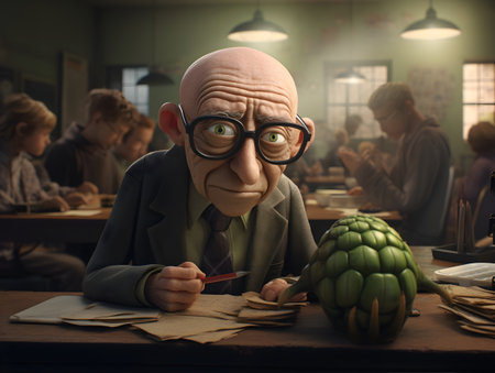 Old man in a green shirt and glasses sitting at the table with an artichokeの素材