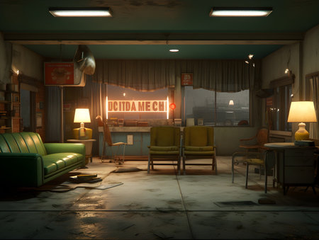 3d rendering of a vintage cafe with a green sofa and a tableの素材