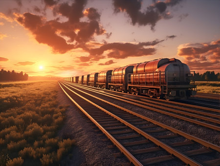Freight train with wagons on the railroad at sunset. 3d renderの素材