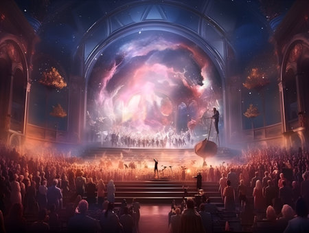Crowd of people watching a live concert in the theater. 3D renderingの素材