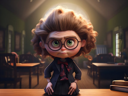 Little boy dressed up as a doll in a classroom. 3D rendering.の素材