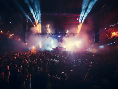 Crowd at a concert in front of a bright stage with lightsの素材
