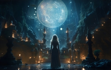 Young woman in a long white dress standing in a dark temple with full moonの素材