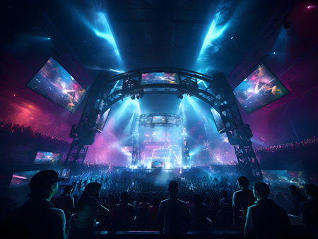 Concert crowd in front of bright stage lights with smoke and laser showの素材