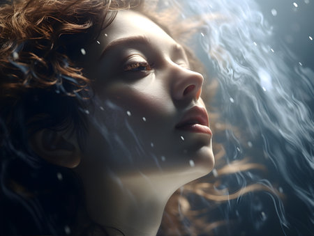 Portrait of a beautiful young woman with curly hair in the rainの素材