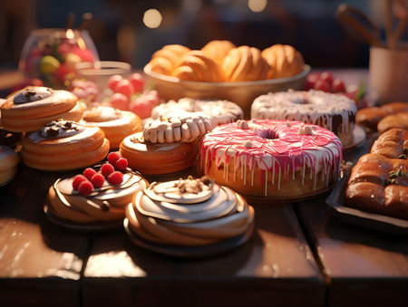 Variety of delicious donuts on table in cafe, closeupの素材