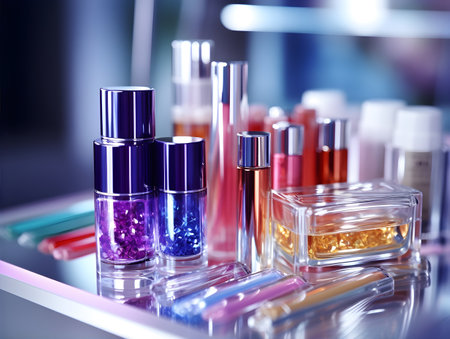 Nail polish bottles in beauty salon, closeup. Cosmetic productsの素材
