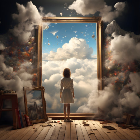 Little girl looking at the sky through a wooden window in the cloudsの素材