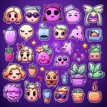 Cute cartoon faces set. Vector illustration isolated on purple background.の素材