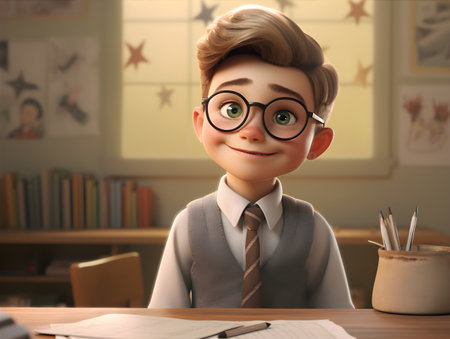 Cute little boy at table in classroom. Back to school conceptの素材