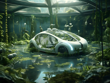 3D rendering of a futuristic car inside a glass house in the jungleの素材