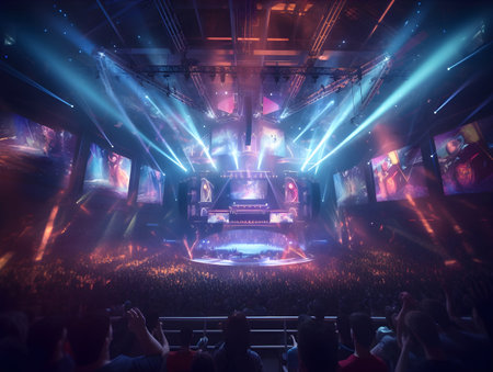 Concert crowd in front of a bright stage with lights and smokeの素材