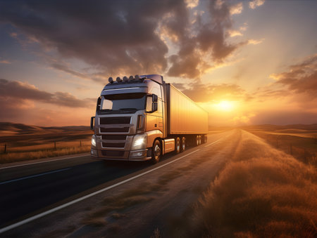 Truck on the road at sunset. Concept of logistics and transportationの素材