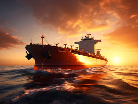 Cargo ship in the sea at sunset. 3d render illustrationの素材