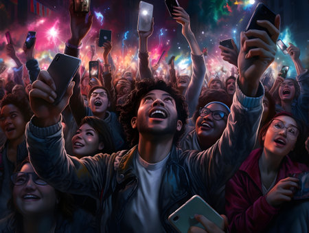 Group of happy young people taking a selfie with their smartphones at a music festivalの素材