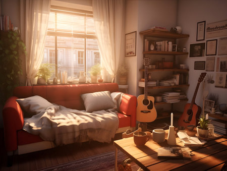 Interior of living room with comfortable sofa, guitar and cup of coffeeの素材