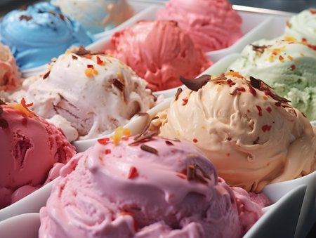 Variety of ice cream scoops in bowls, closeup viewの素材