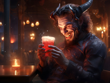 Fantasy portrait of a man with horns and a glass of red wineの素材