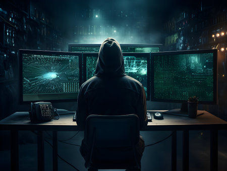 Hooded hacker sitting in front of computer monitors with binary codeの素材