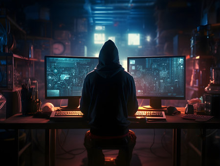 Hacker in a dark room with computer monitors. Cybercrime concept.の素材