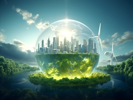 Ecology concept with wind turbines and eco city in a glass sphereの素材