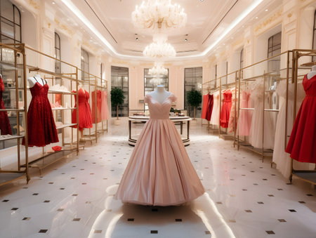 Wedding dress on mannequins in a luxury boutiqueの素材
