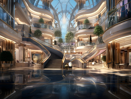 3D rendering of the interior of a luxury shopping mall with escalatorsの素材