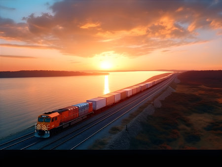 Freight train with cargo containers at sunset. Freight transportation conceptの素材