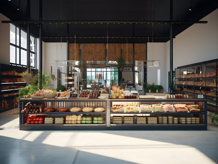 Interior of modern bakery shop with black and white walls, concrete floor, rows of shelves with pastries, croissants and desserts. 3d renderingの素材