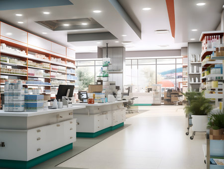 Interior of a modern pharmacy with shelves full of medicine. 3d renderingの素材