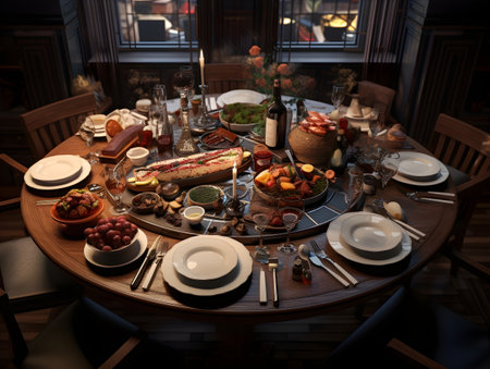 3d rendering of a romantic dinner in a restaurant with a lot of foodの素材