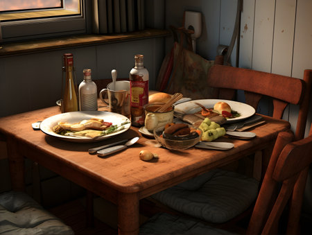 Breakfast in the interior of a wooden house. 3d renderの素材