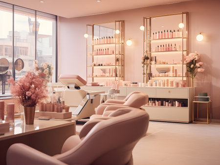 beauty salon interior with makeup products. 3d rendering toned imageの素材