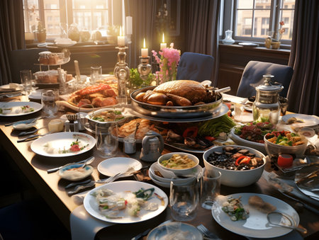 Traditional christmas dinner table with turkey, roasted turkey and other dishesの素材