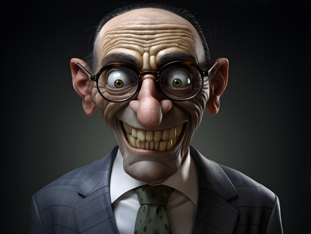Funny old man in glasses and a business suit on a dark backgroundの素材